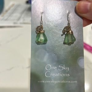 One sky creation, handmade, green, stone dangle earrings